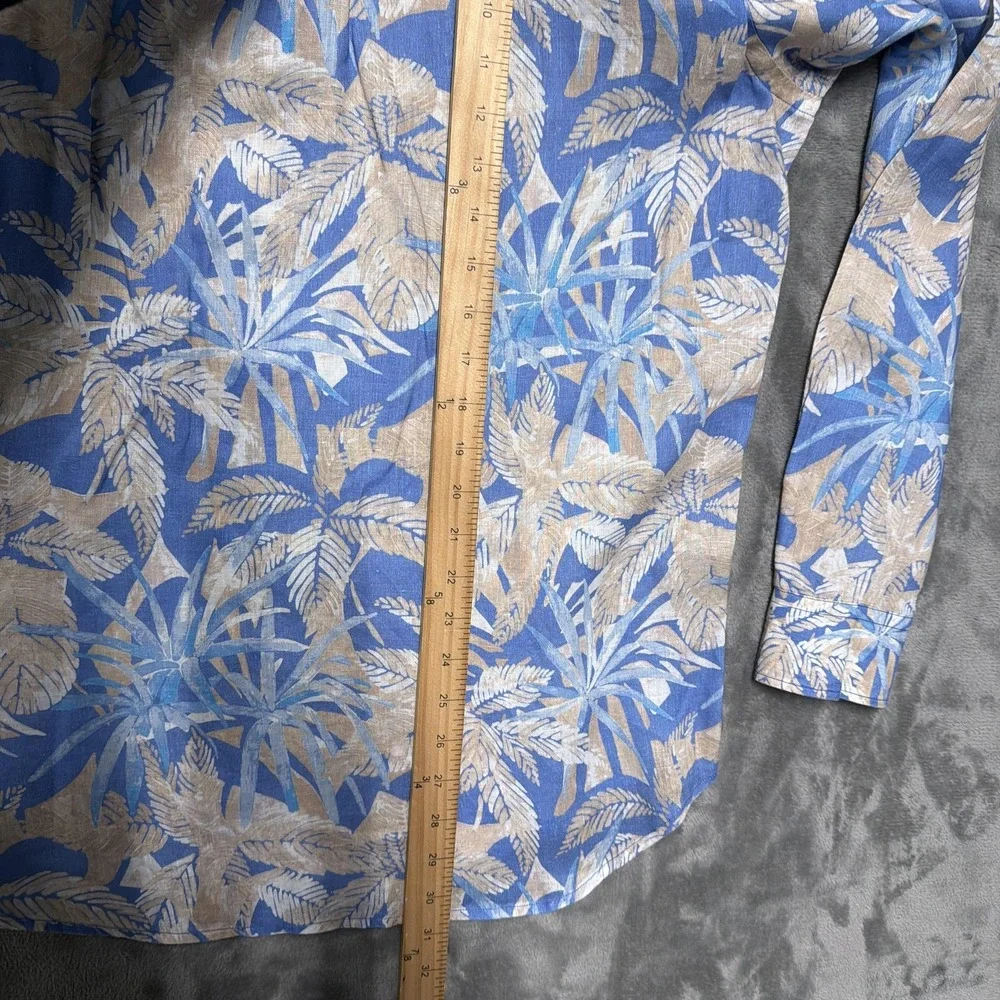 J. McLaughlin‎ Shirt Mens Medium Blue 100% Linen Hawaiian Palm Print Long Sleeve